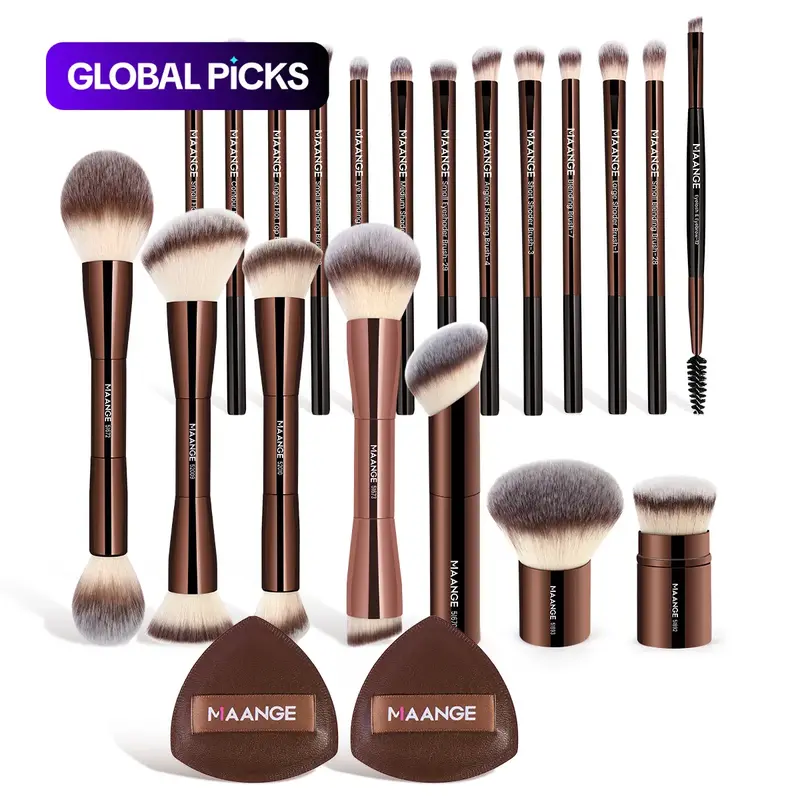 Maange 10/20-Piece Aluminum Makeup Brush Set, Includes Foundation, Powder, Blush, Eyeshadow, Concealer, Highlighter, Sponge, Storage Box