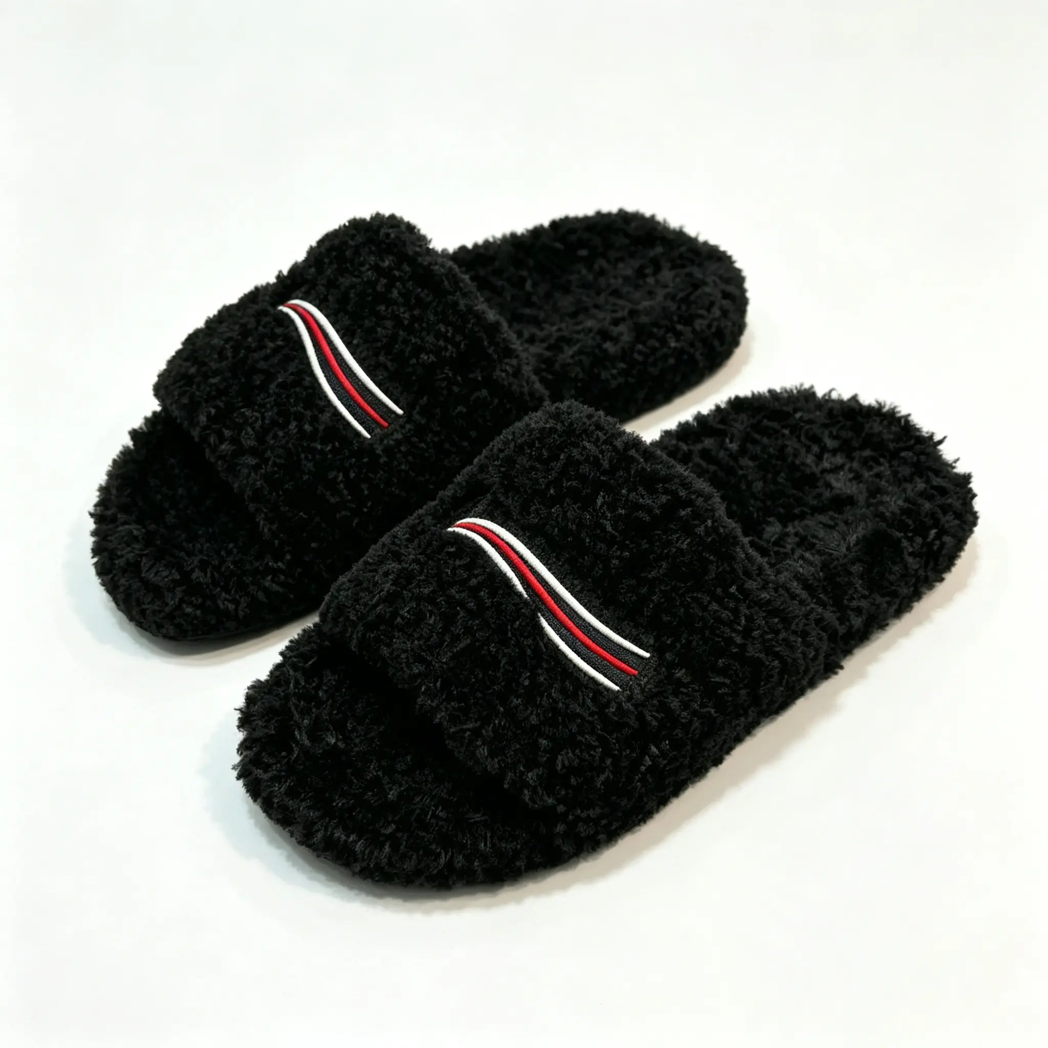 Casual Warm Open Toe Fuzzy Slides Comfortable Fuzzy Girl Flip Classic Red White Stitch Embroidery Thick Fluffy Curly Fleece Upper Non Slip Durable Sole Versatile Footwear For Indoor Lounge Outdoor Errands Social Occasions