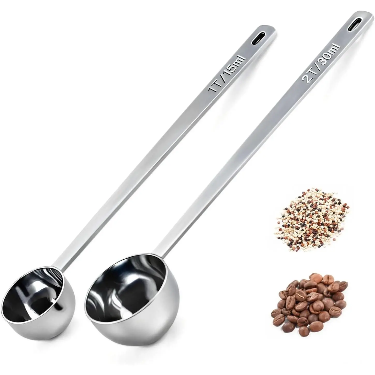 2 count Coffee Scoop for Ground Coffee Stainless Steel Measuring Spoons Long Handle 30ml 8.66in and 15ml 8.27in Set for Deep Jars Beans  Flour