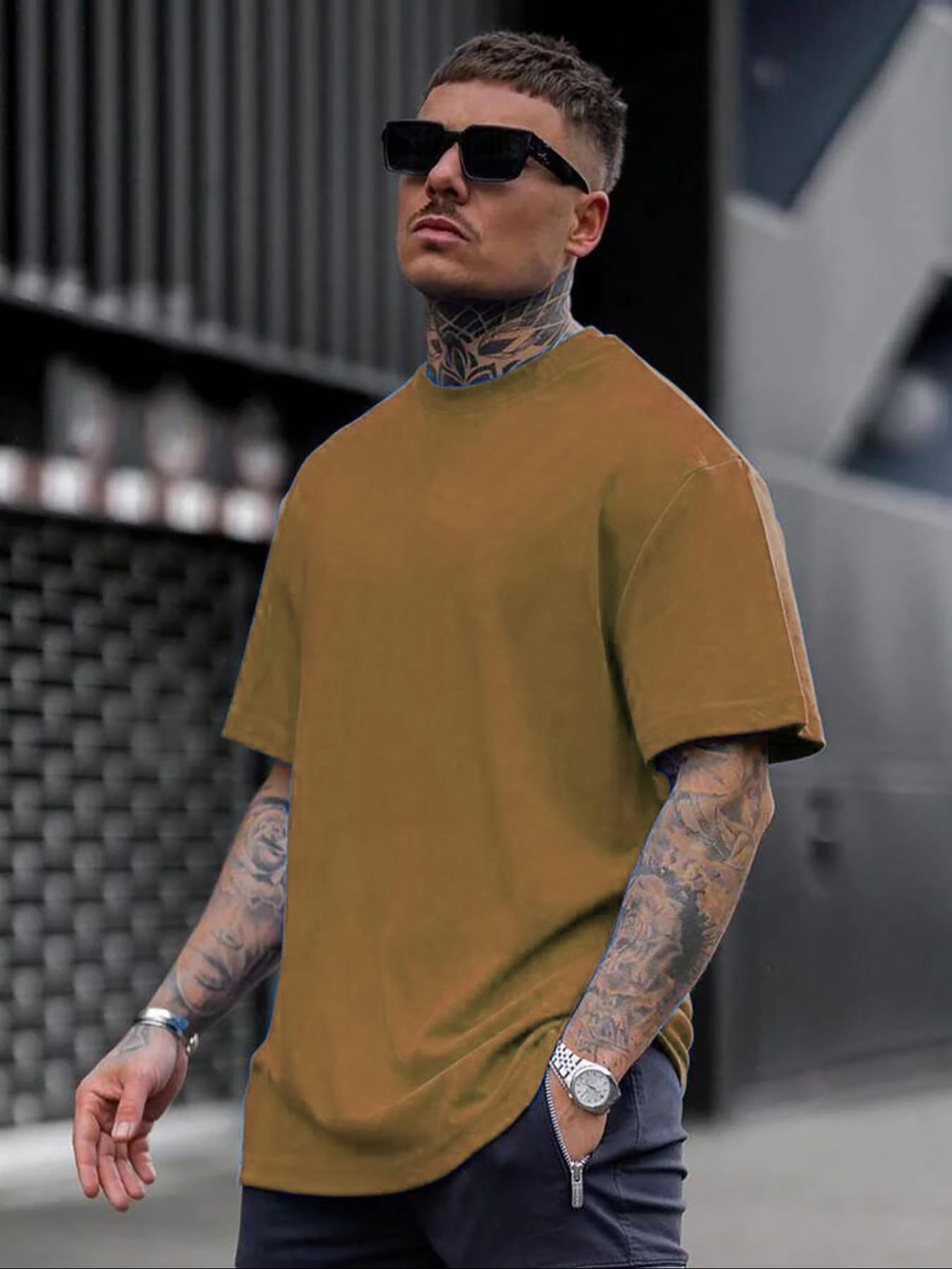 Men's Loose Fit Solid Drop Shoulder Tee, Casual Short Sleeve Round Neck T-shirt for Summer, Streetwear Men's Top for Daily Wear