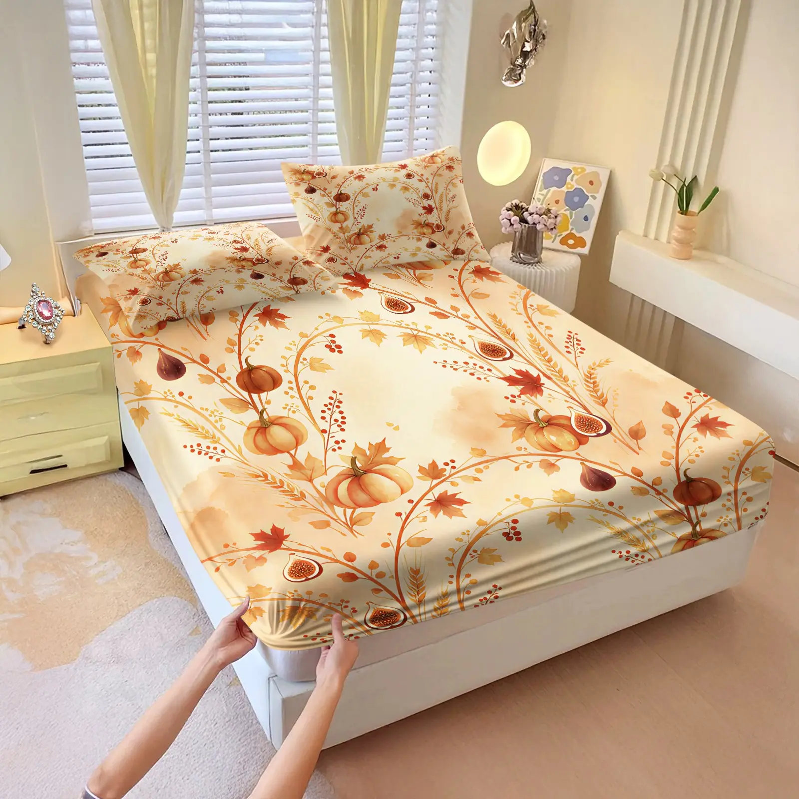 3Pcs Warm Tone Harvest Fitted Sheet Set, full pumpkin wheat fig vintage print, double wide elastic edge anti-slip mattress protector