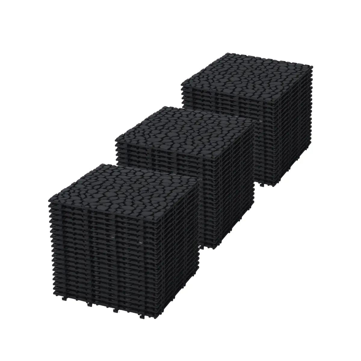 12x12 in Black Pebble Stone Pattern Interlocking Plastic Deck Tiles (Pack of 60) - Waterproof, Anti-Slip, 440 LBS High Weight Capacity, Durable, Efficient Drainage Design - Customizable, Easy to Clean RR # French Laid Tiles for Patio, Balcony, Bathroom, L