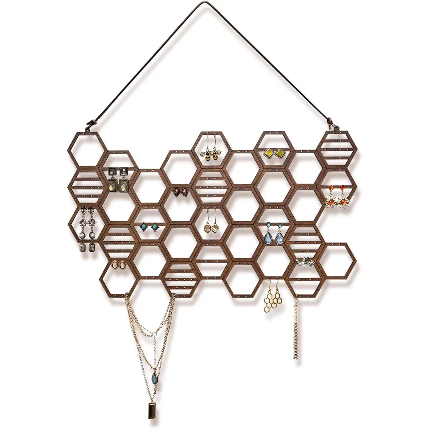 Honeycomb Earring Organizer Wall Mount Display Wood Hanging Jewelry Organizer for Stud Earrings, Necklaces (Walnut)
