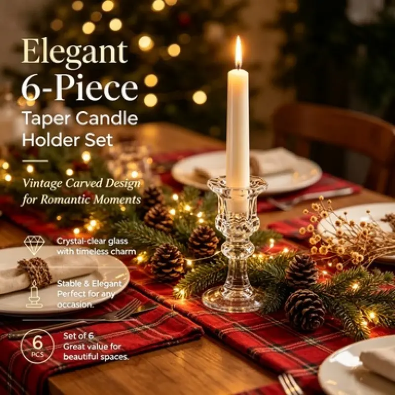 6 Pieces Retro Carved Glass Taper Candlestick Set, Clear Glossy Surface Easy to Clean, Ideal for Thanksgiving Gatherings, Dinner Parties and Rustic Indoor Home Decor Layout