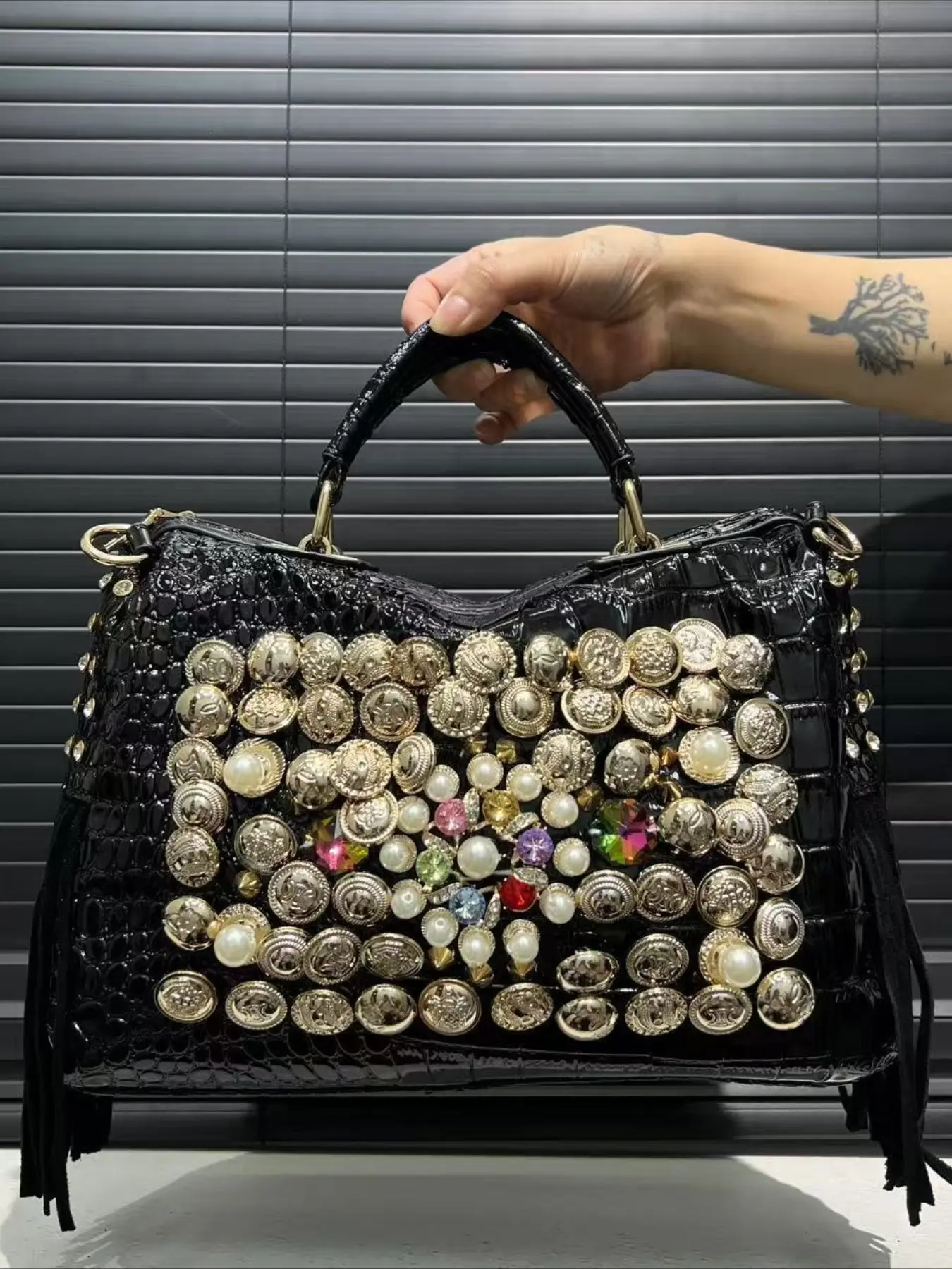 Ladies' Boston handbag, elegant rhinestone evening gown handbag, chic bag, PU leather, polyester lining, zipper closure, detachable strap, hand wash/dry clean, solid color, edge painted, handmade in Guangzhou - women's fashion for special occasions