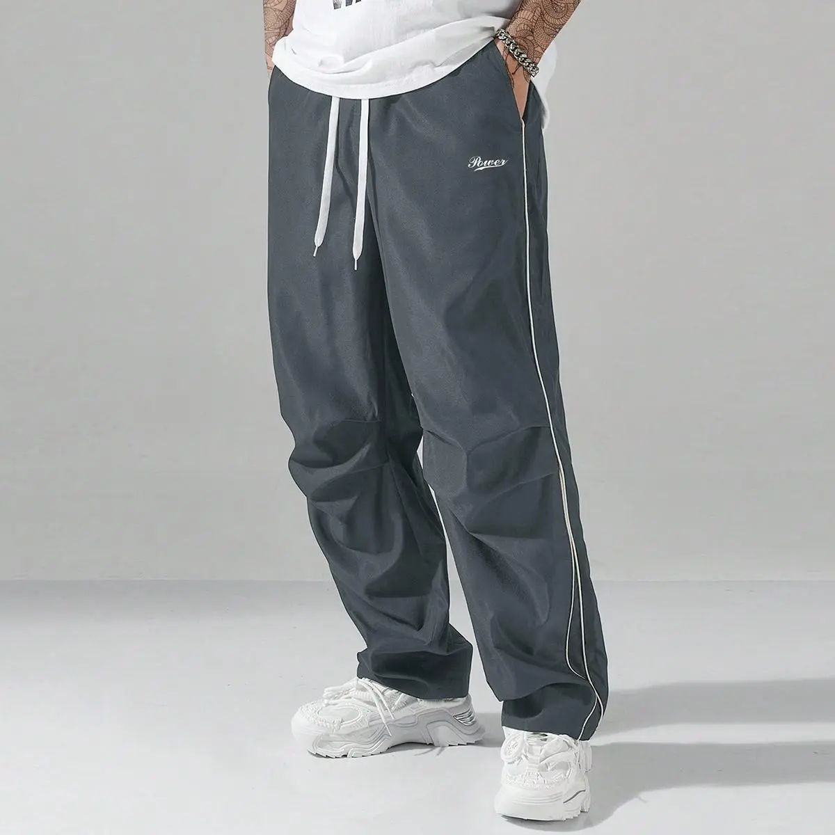 Men's Casual Track Pants, Slim Fit Streetwear with Side Stripe and Pockets, Smooth Lightweight Fabric with Drawstring Waist