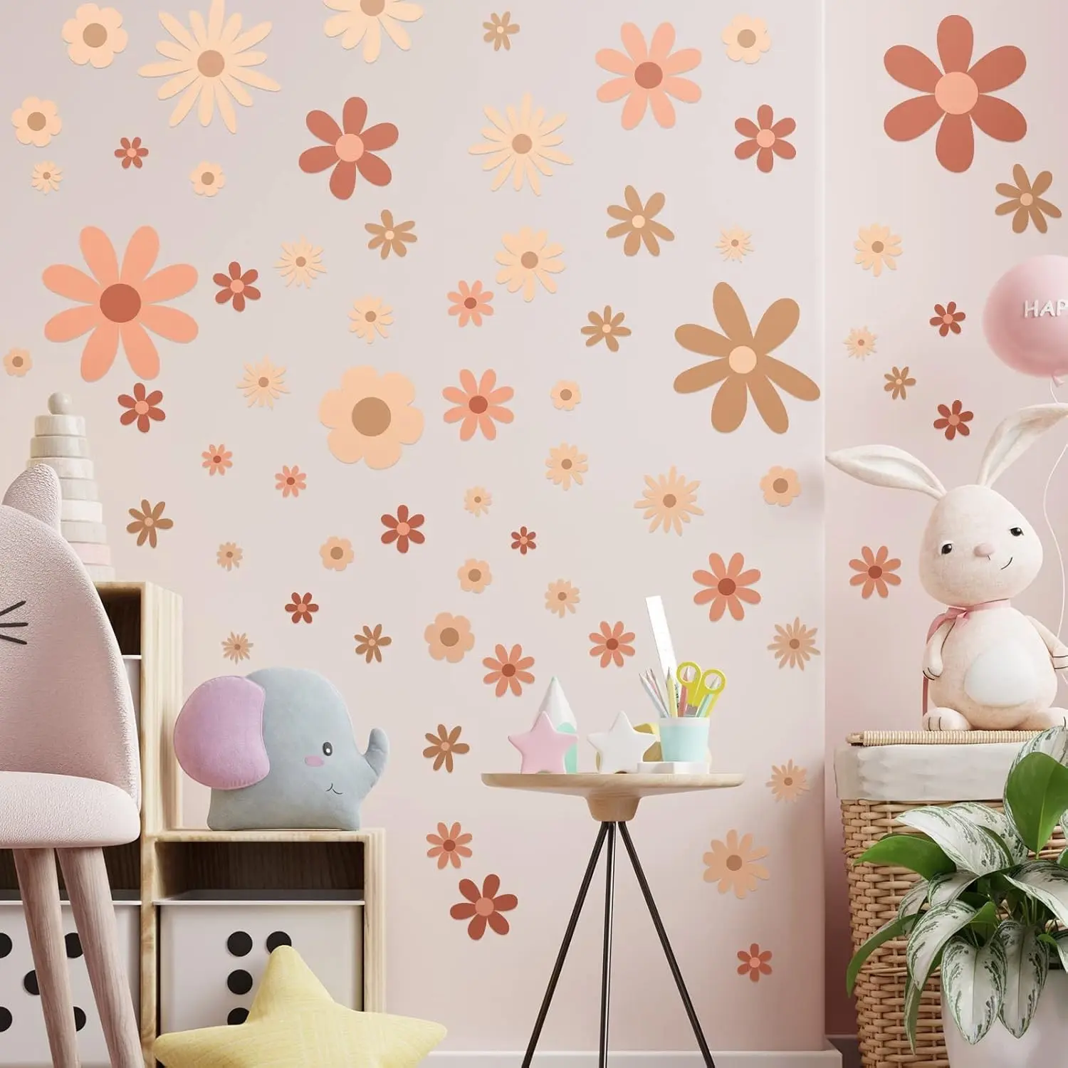90 Pcs Daisy Boho Flower Wall Decals Removable Vinyl Peel and Stick Stickers for Nursery Art Bedroom Home Decor (Classic)(Gift)