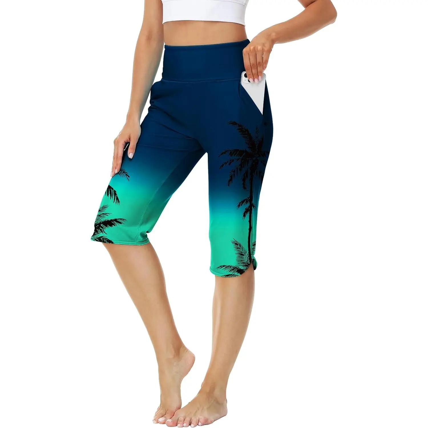 Womens Swim Capris Pant Sun Protection High Waisted Swimming Leggings with Pockets (No Lining)
