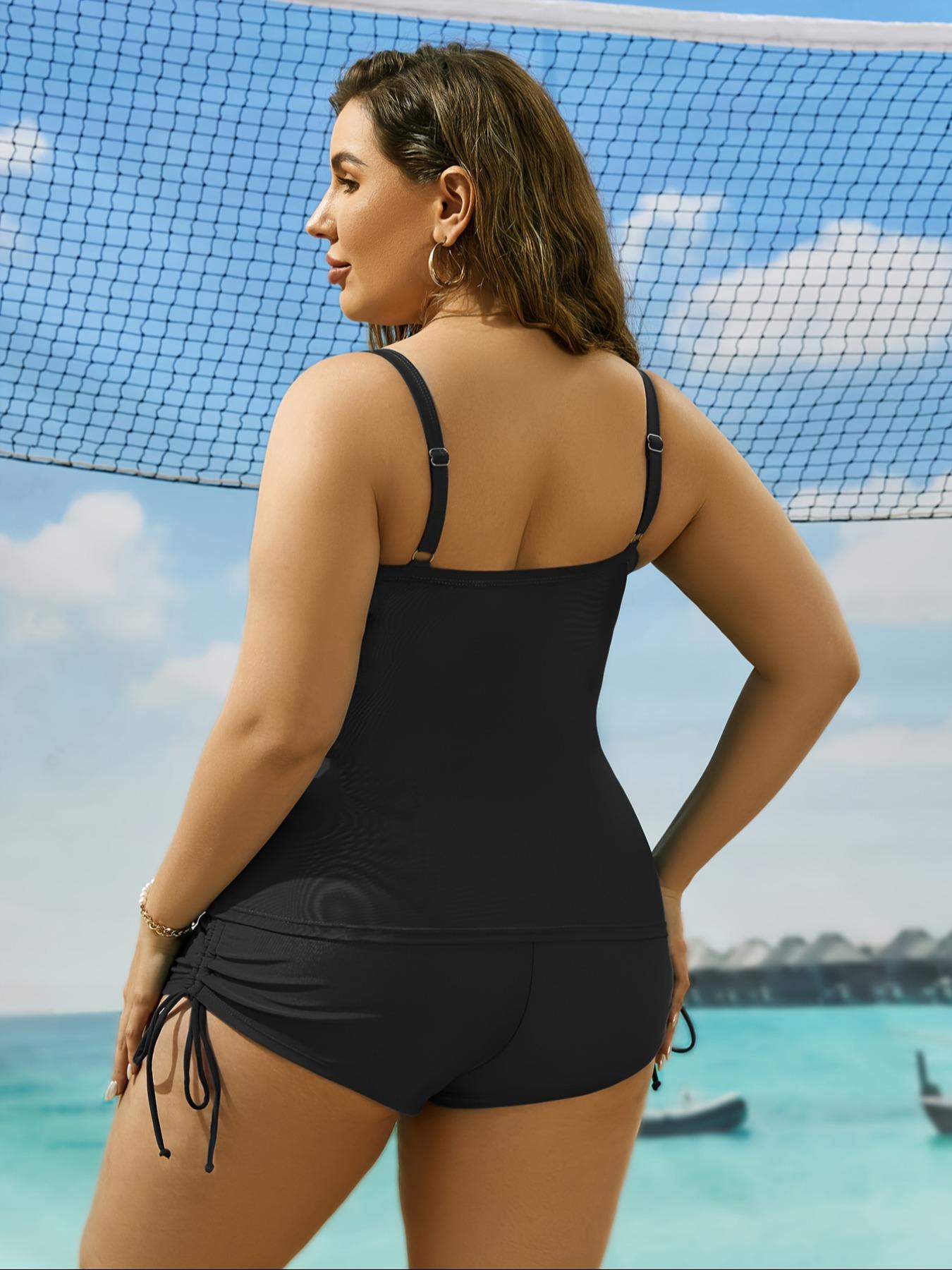 Plus Size Solid Ruched Drawstring Tankini Set, Tankini With Shorts, Criss Cross Swim Top & High Waist Swim Shorts, Bathing Suits for Women Summer, Curve Tummy Control Swimwear 2024