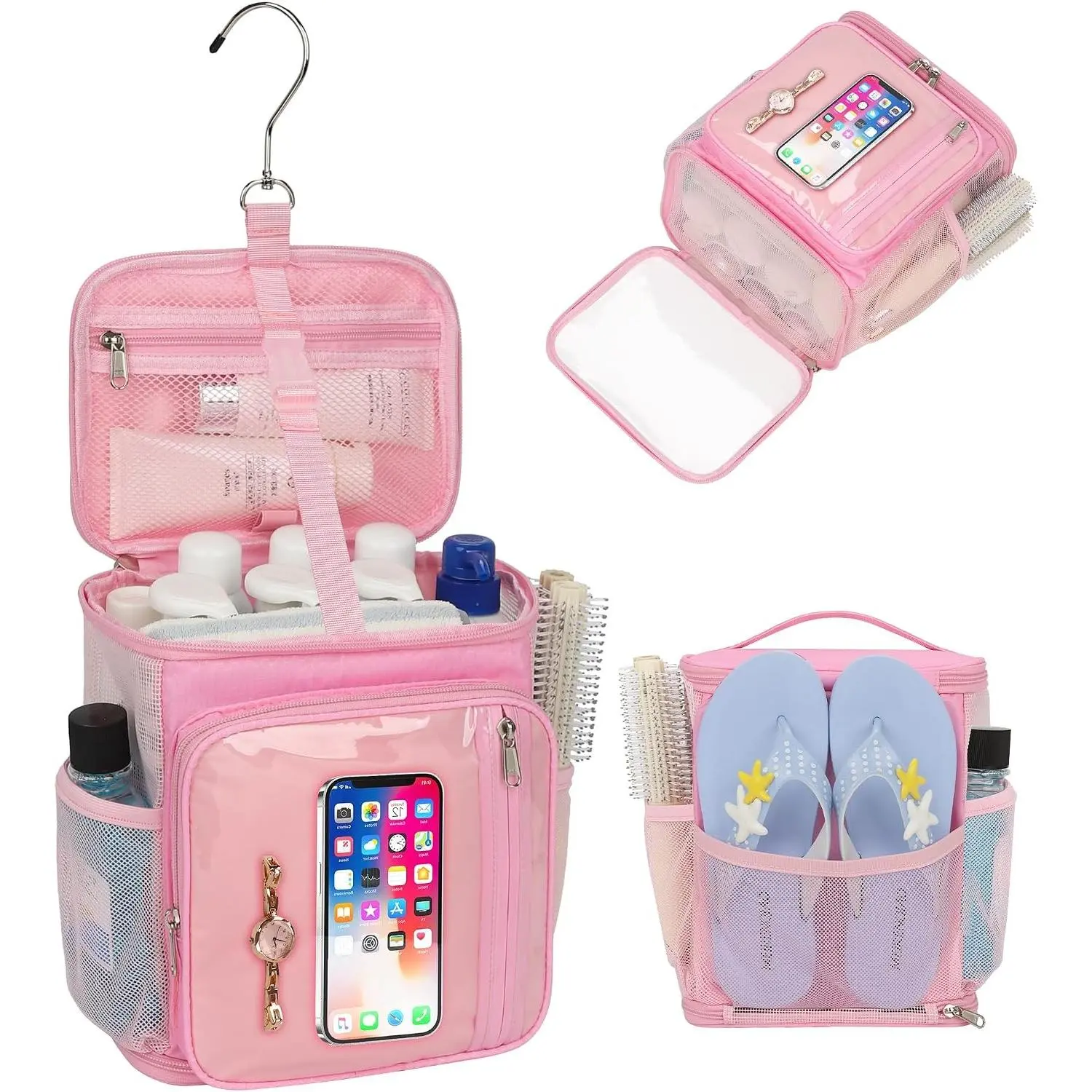 Mesh Shower Caddy Bag Portable - Large Capacity Shower Bag with Waterproof Phone Pocket & Sturdy Hook, Dorm Shower Caddy for Travel, Gym, College Essentials for Women & Men (Pink, M)