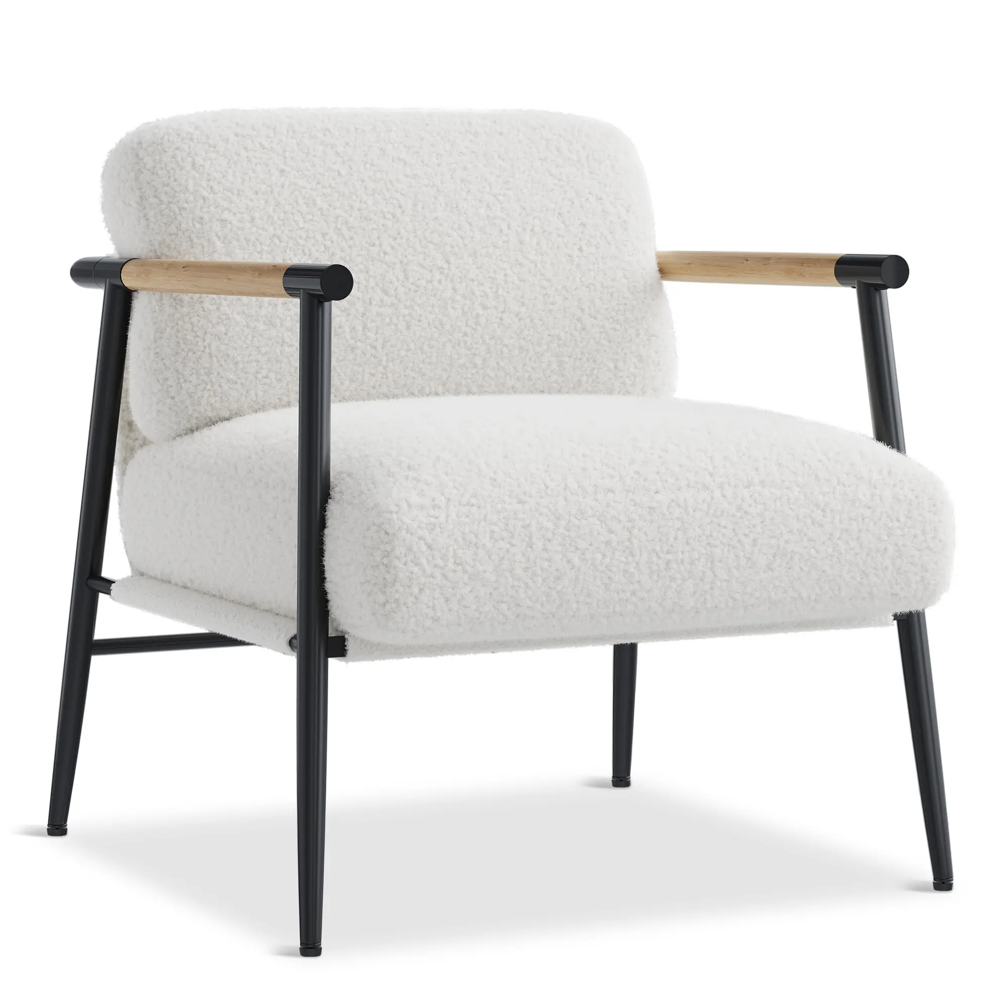 Garvee Modern Accent Chair – Comfy Teddy Fabric Armchair with Metal Frame & Wooden Armrests, Soft Cushioned Reading Chair for Bedroom & Living Room (white,Single Chair)