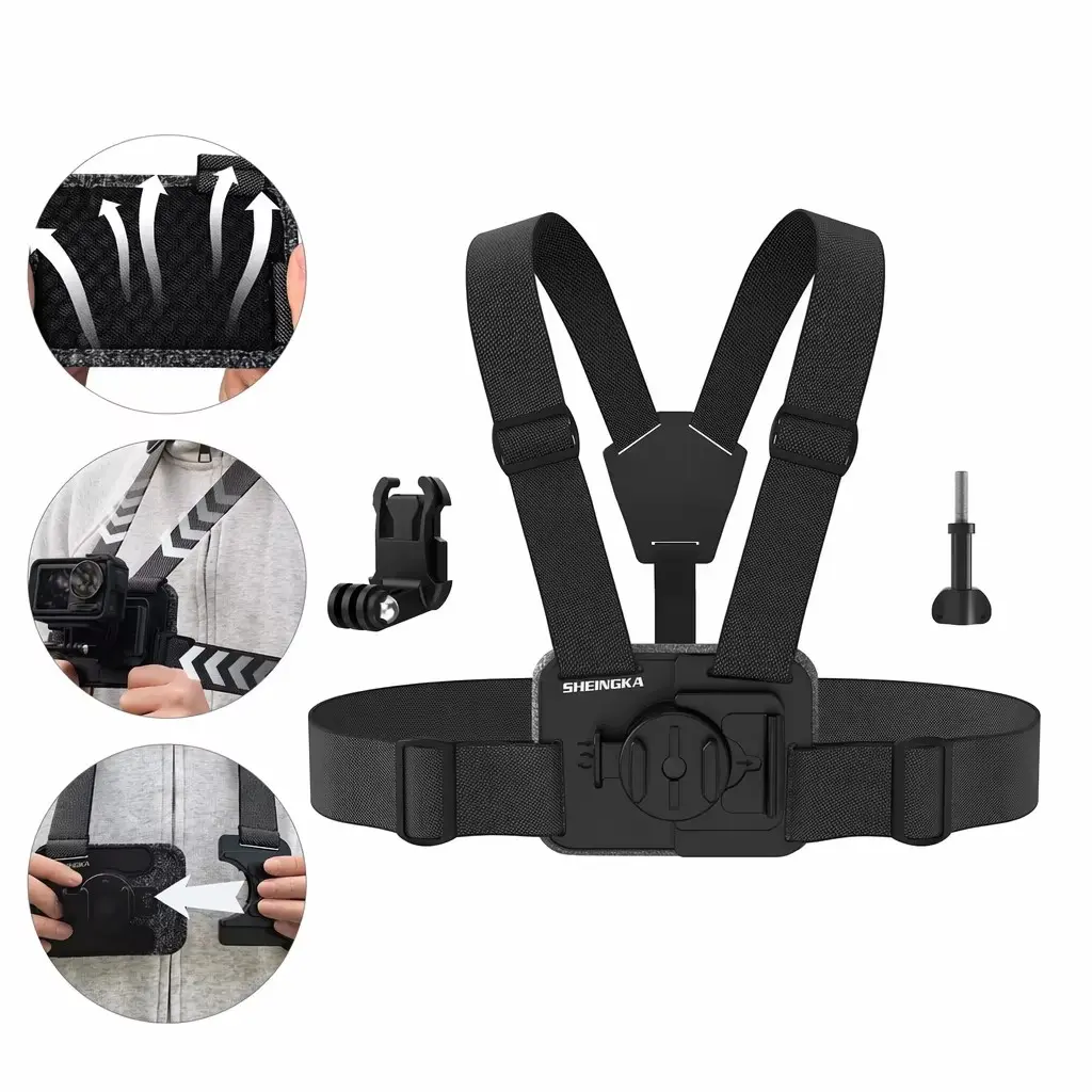 1 universal adjustable chest-mounted phone mount, compatible with iPhone, Samsung, GoPro, Insta360, and DJI action cameras, ideal for POV/vlog recording whilst cycling, kayaking, fishing, or skateboarding.