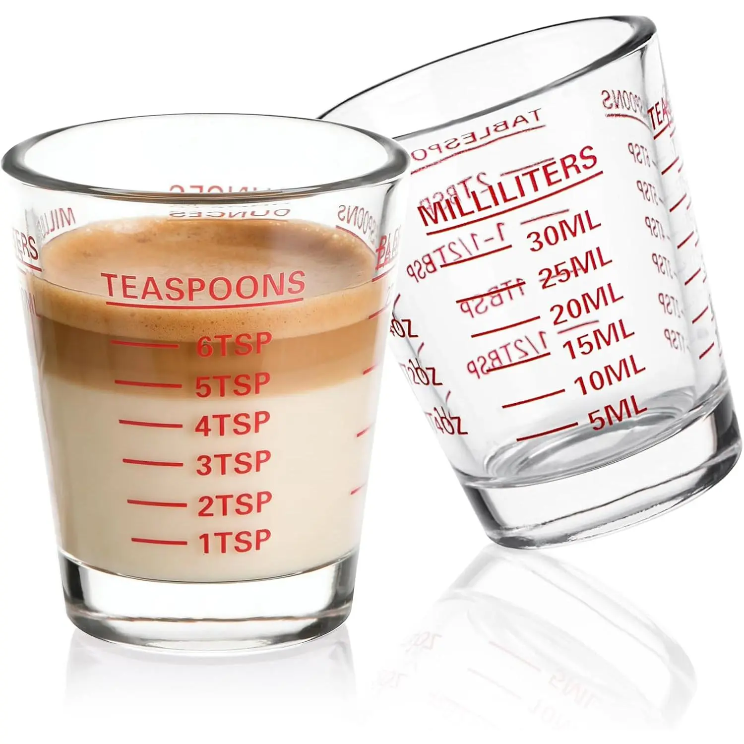 Shot Glass Measuring Cup Set, 2 Pack Espresso Shot Glasses (Red) | Glass measuring cups feature 26 markings up to 1 OZ, 2 TBS, 6 TSP, 30 ML for espresso, ,  and recipes