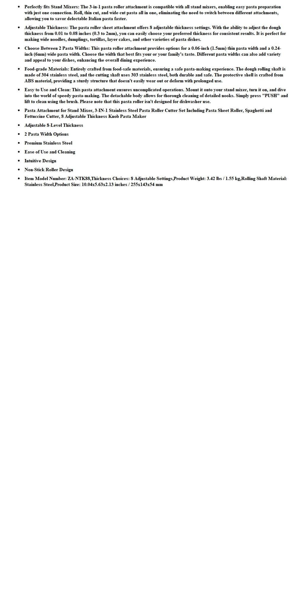 Stainless Steel Pasta Roller Attachment for Stand Mixers, Featuring Adjustable Thickness for Making Spaghetti And Fettuccine