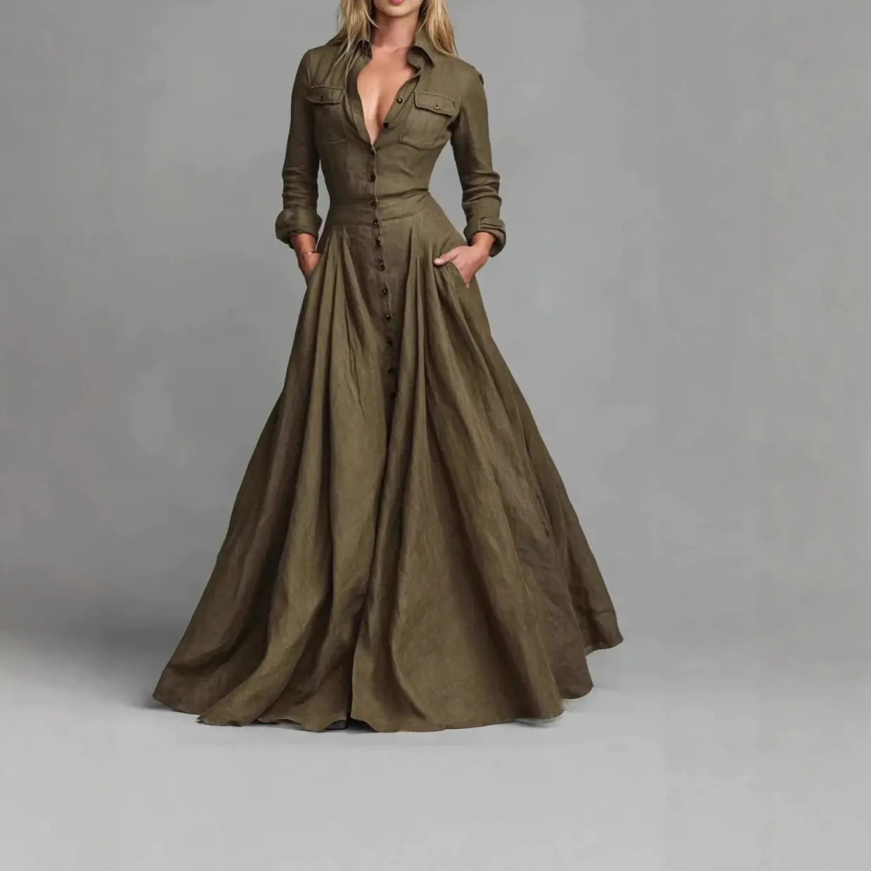 Women's Collared Shirt Dress - Long-Sleeve, High-Waist, Slimming, Elegant Womens Dresses with Solid Design, Maxi Length, Multi-Size for Commuting, Small Lapel