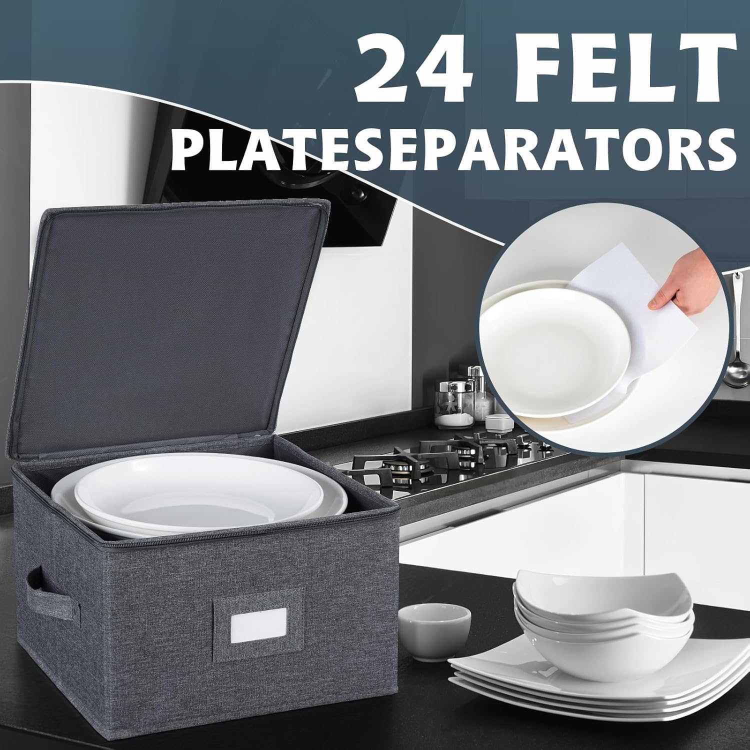 Storage Containers Hard Shell Inside 12" W x 8" H, Dinner Plate Storage Containers for Dishes, Dinnerware with 24 Felt Dividers, Hold 24 Plates, Stackable (2 Pack Grey)