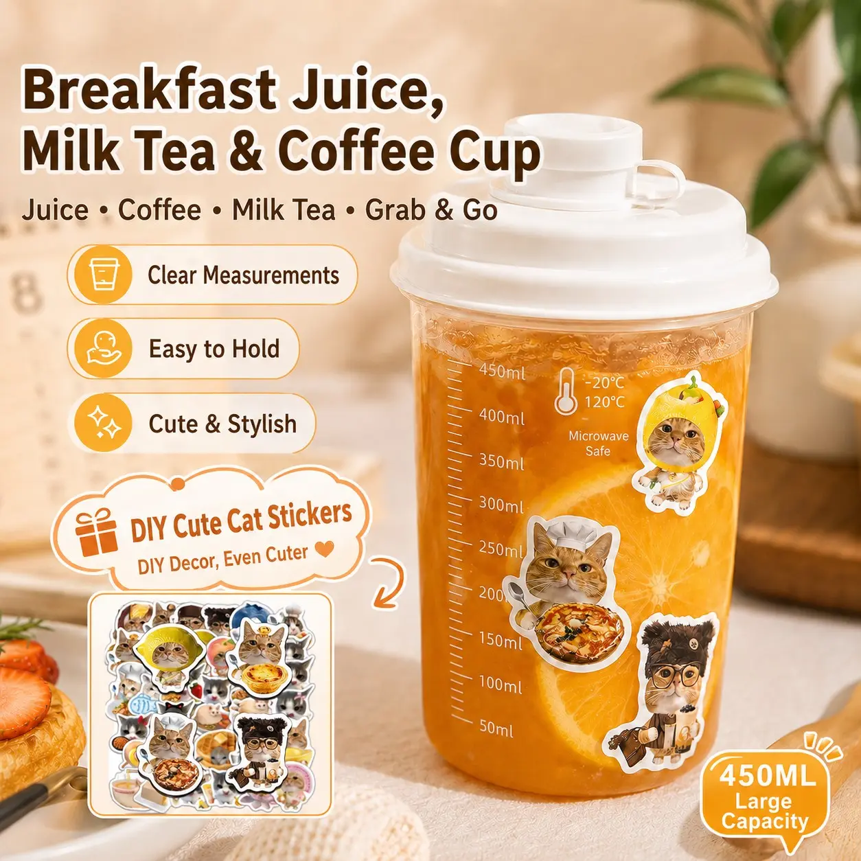 450ML Shaker Cup with 3 Cute Cat Stickers, Large Capacity Transparent Protein Shaker with Measuring Scale, Microwave Safe Leak-Proof Blender Cup