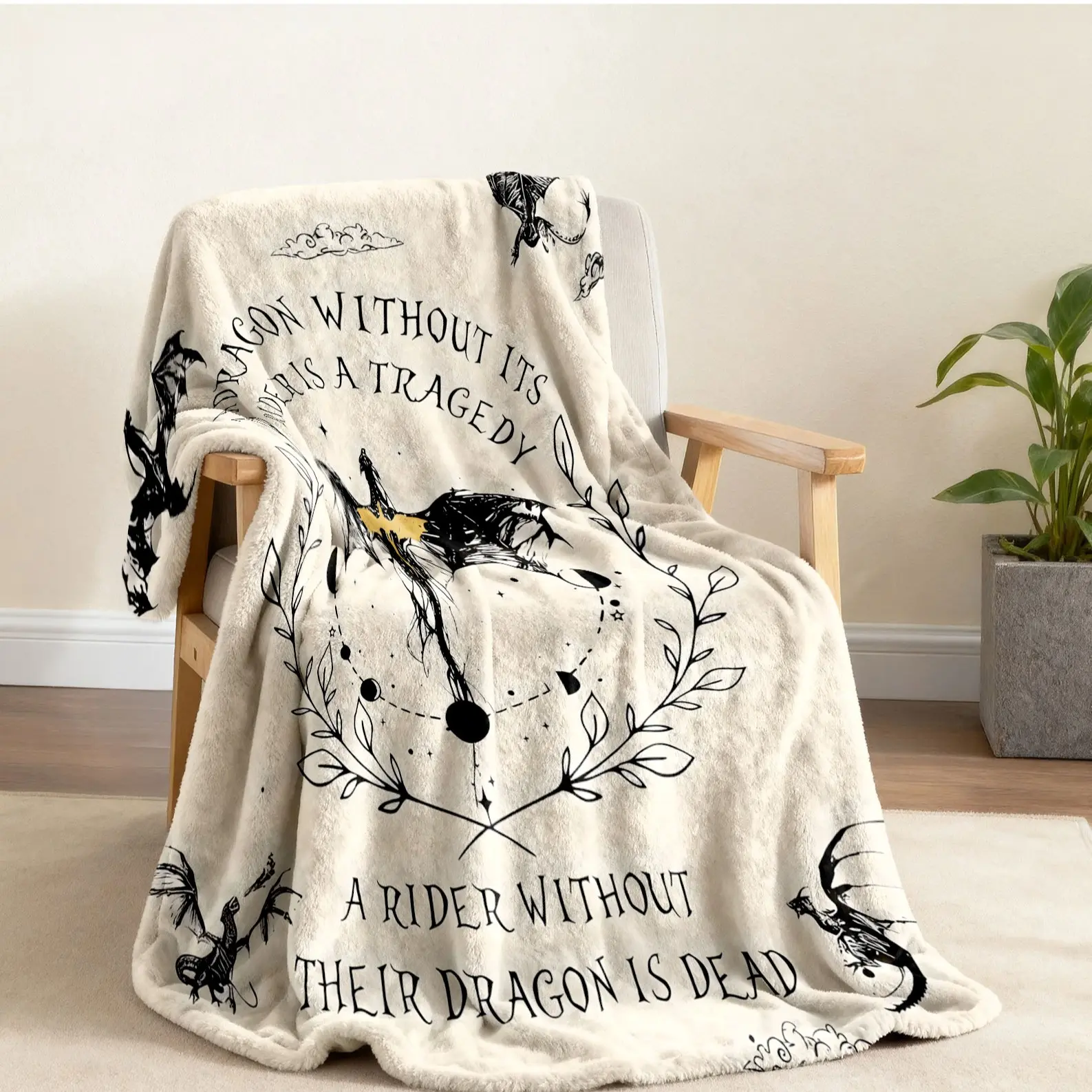 Fourth Wing Dragon Rider Quote Fleece Blanket, Vintage Laurel Wreath Moon Phase Print, Soft Warm Flannel Nap Blanket, Fantasy Book Lover Gift, Flannel Throw Blankets
