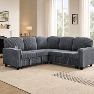 ARCH L-Shaped Sectional Sofa Bed with Pull-Out Sleeper & Storage, 5-Seat Convertible Couch with USB Charging, Corduroy Fabric, Grey, for Living Room Apartment, 81x81x33 Inches, Grey Color Options, Bent Wood/Plastic/Plywood Material