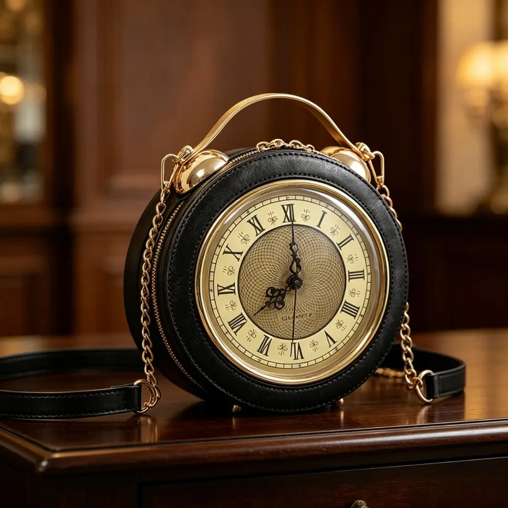 Women's Steampunk Theme Crossbody Bag - Gothic PU Leather Round Clock Face Purse with Working Clock, Adjustable Strap, Zip Closure, Statement Bag for Streetwear & Cosplay