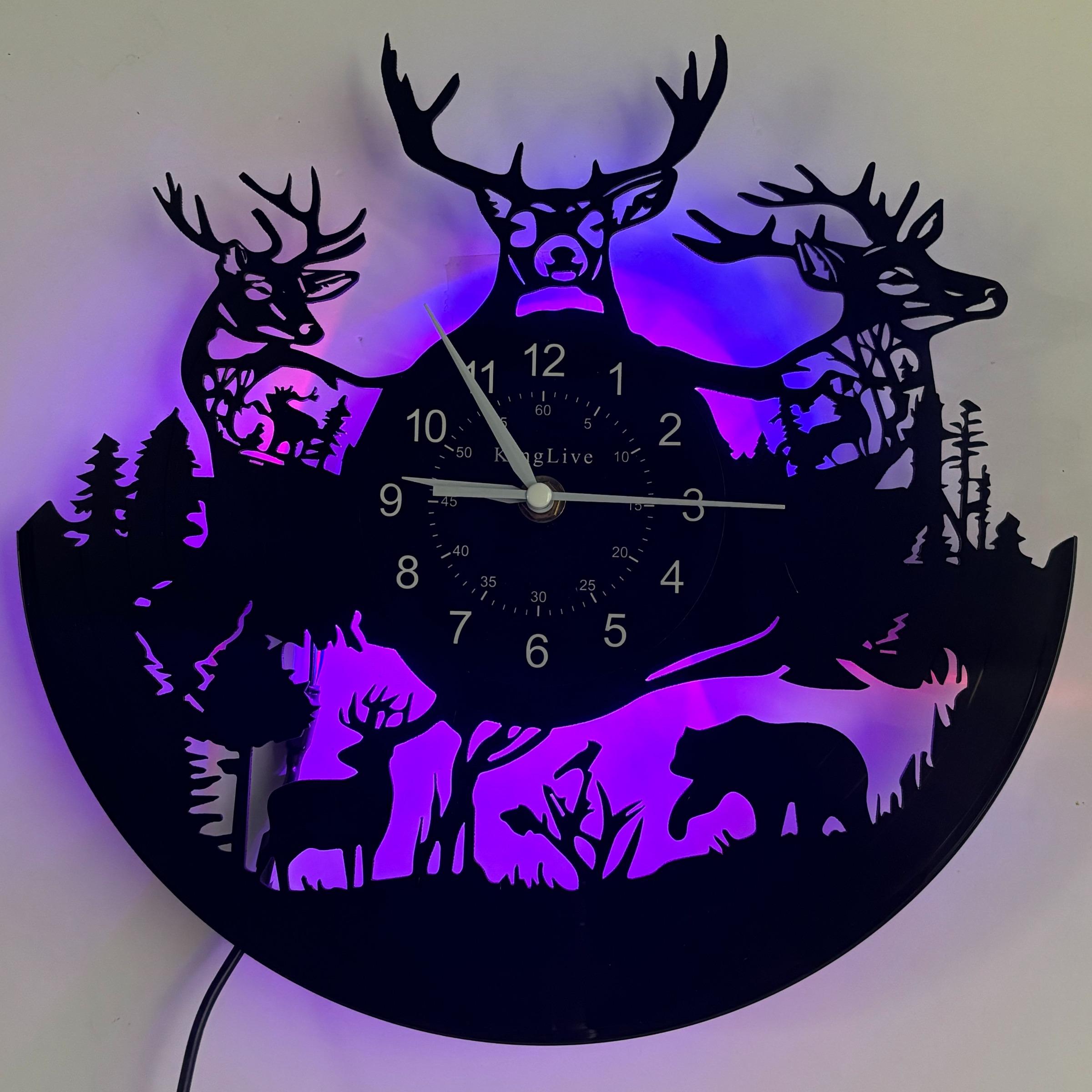 Vintage Forest Deer Vinyl Wall Clock, Christmas & Easter Themed Seven-Color LED Display, Creative Decorative Clock, Home & Office Decor, Unique Bar Decoration