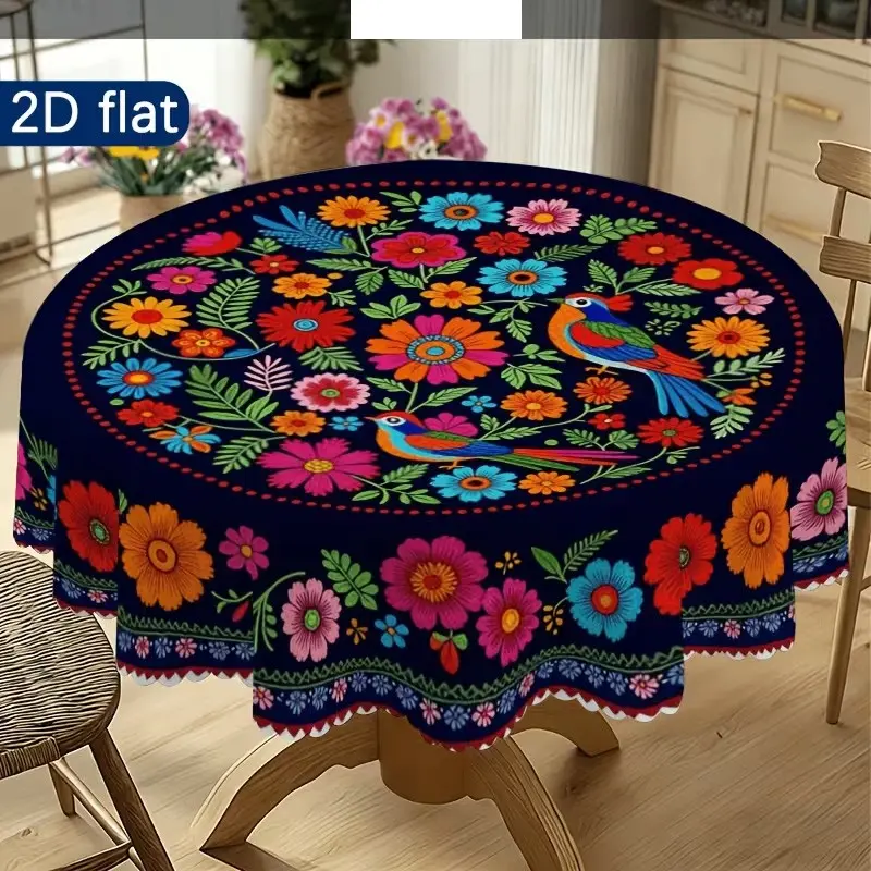 2D Flat Party Tablecloth, Mexican Embroidered Style, Round Floral Bird Pattern, Ethnic Decorative Cloth, Perfect Gift, Indoor Outdoor Use, Versatile
