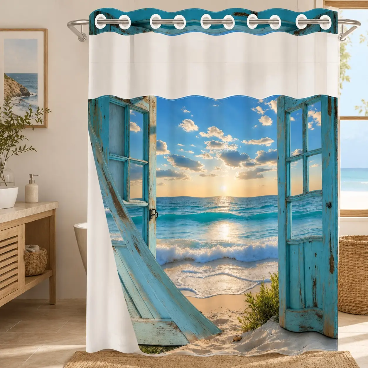 1PC 2D Flat Coastal Ocean Sunrise Blue Door Pattern Double-Layer Woven Shower Curtain, No Hooks, Transparent Top Window, Removable Snap-On Liner, Mediterranean Beach Style Bathroom Partition Art Decor, Bathroom & Summer Holiday Decoration