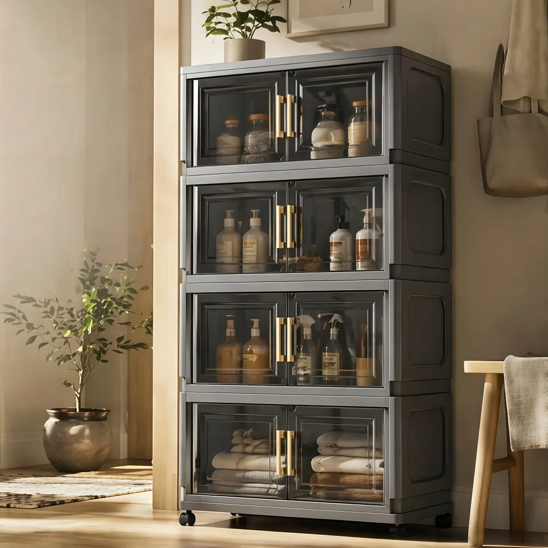 3/4/5/6 layer mobile tool cabinet, modular stackable garage tool storage cabinet, equipped with transparent dustproof visible doors and smooth universal rollers, large capacity vertical hardware tool storage box