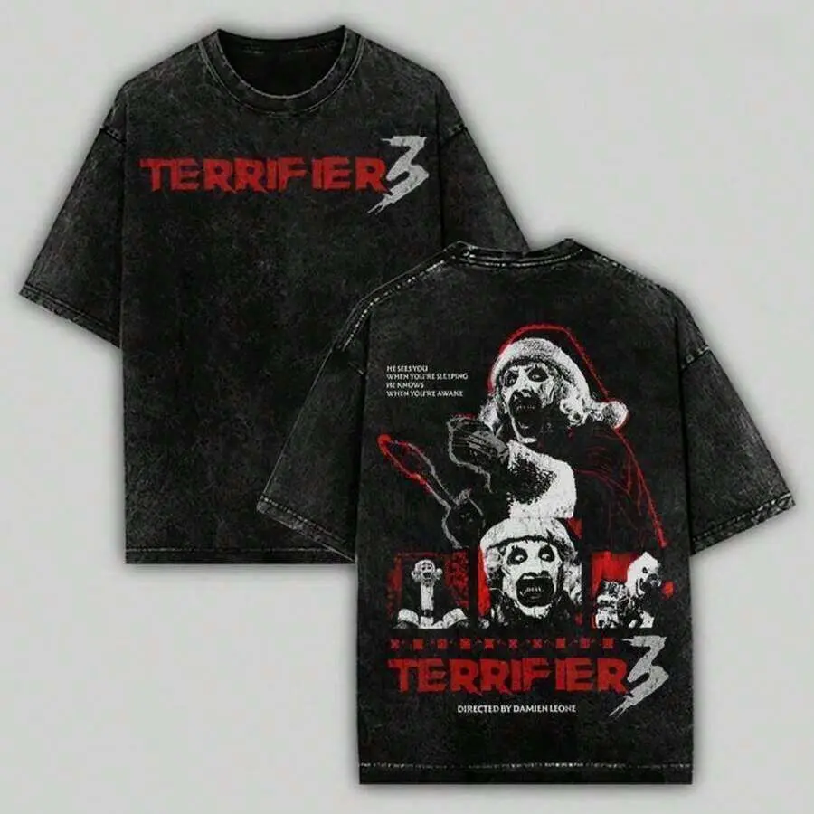 Vintage Wash Unisex Crewneck T‑Shirt, Retro Double‑Sided Terrifier 3 Creepy Clown Horror Movie Motif Print Tee, Comfort Horror‑Fan Fashion Top, Perfect Present for Halloween, Christmas, Casual Party and Outdoor Adventure