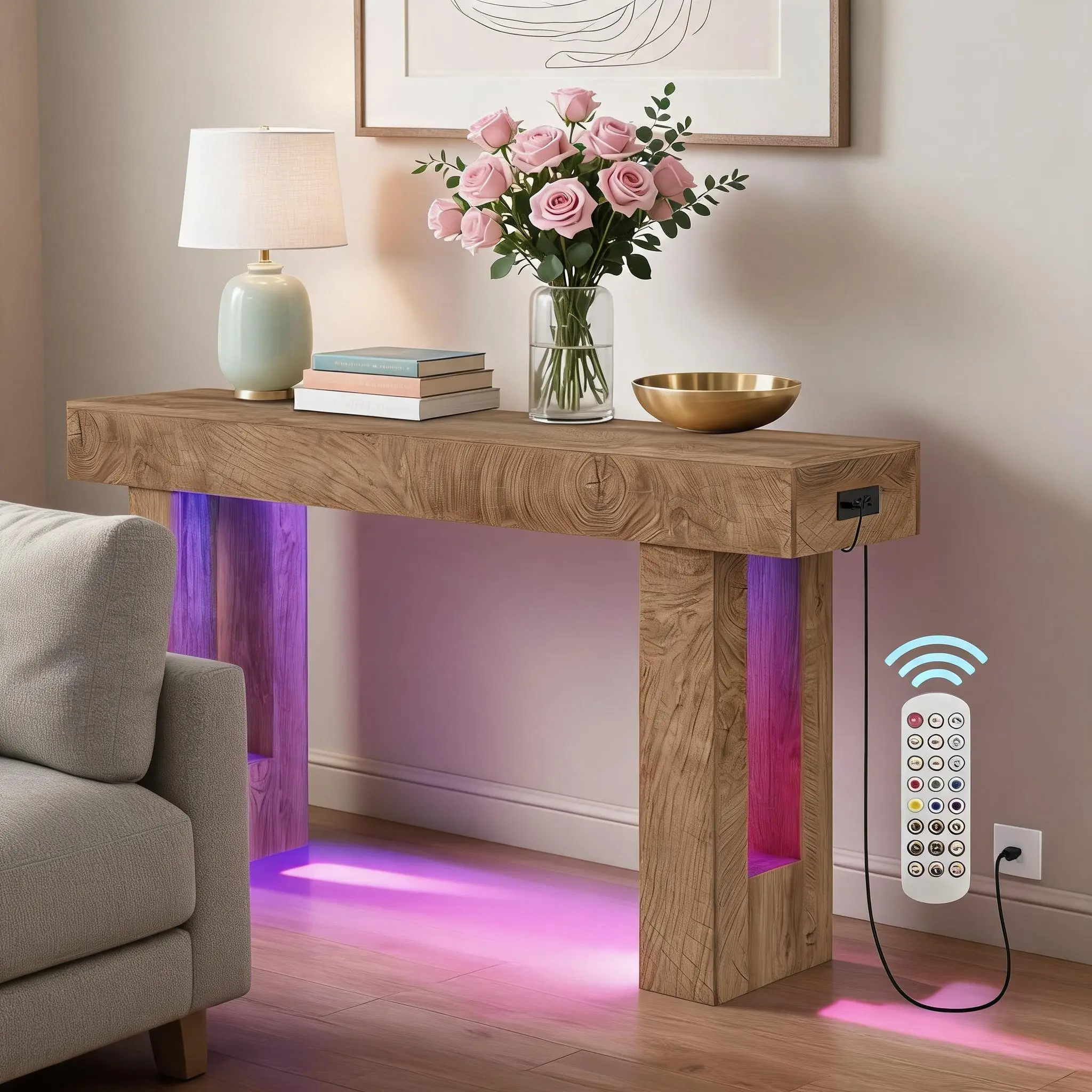 63" Farmhouse Console Table with Sensor Light & Power Outlet, Narrow Entryway Table for Hallway, Sofa Table with Socket, Distressed Wood