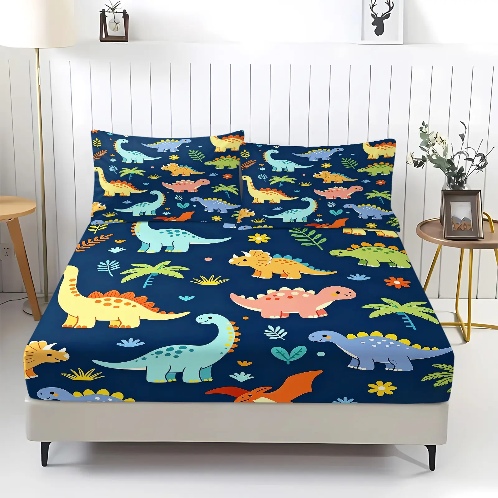 Cartoon Dinosaur Fitted Sheet Set 3 Pcs,Jungle Palm Tree Print Cute Bedding for Girls Boys Room Decor,Animal Themed Dinosaur Bedding,1 Fitted Sheet+2 Pillowcases,Cute Bed Sheets