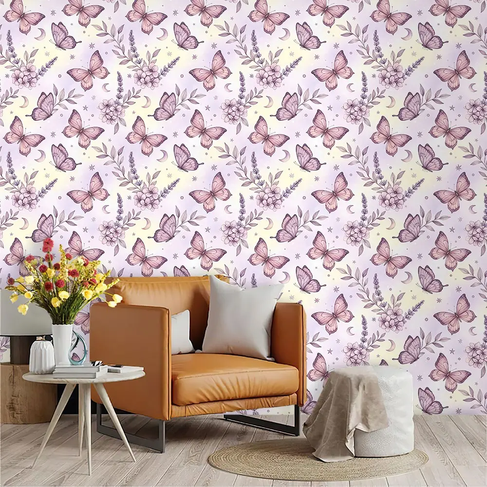 Dreamy Lavender Gradient Watercolor Butterfly Floral Wallpaper, PVC Adhesive Backing, Mould-Proof, for Kitchen/living Room/bedroom Decor