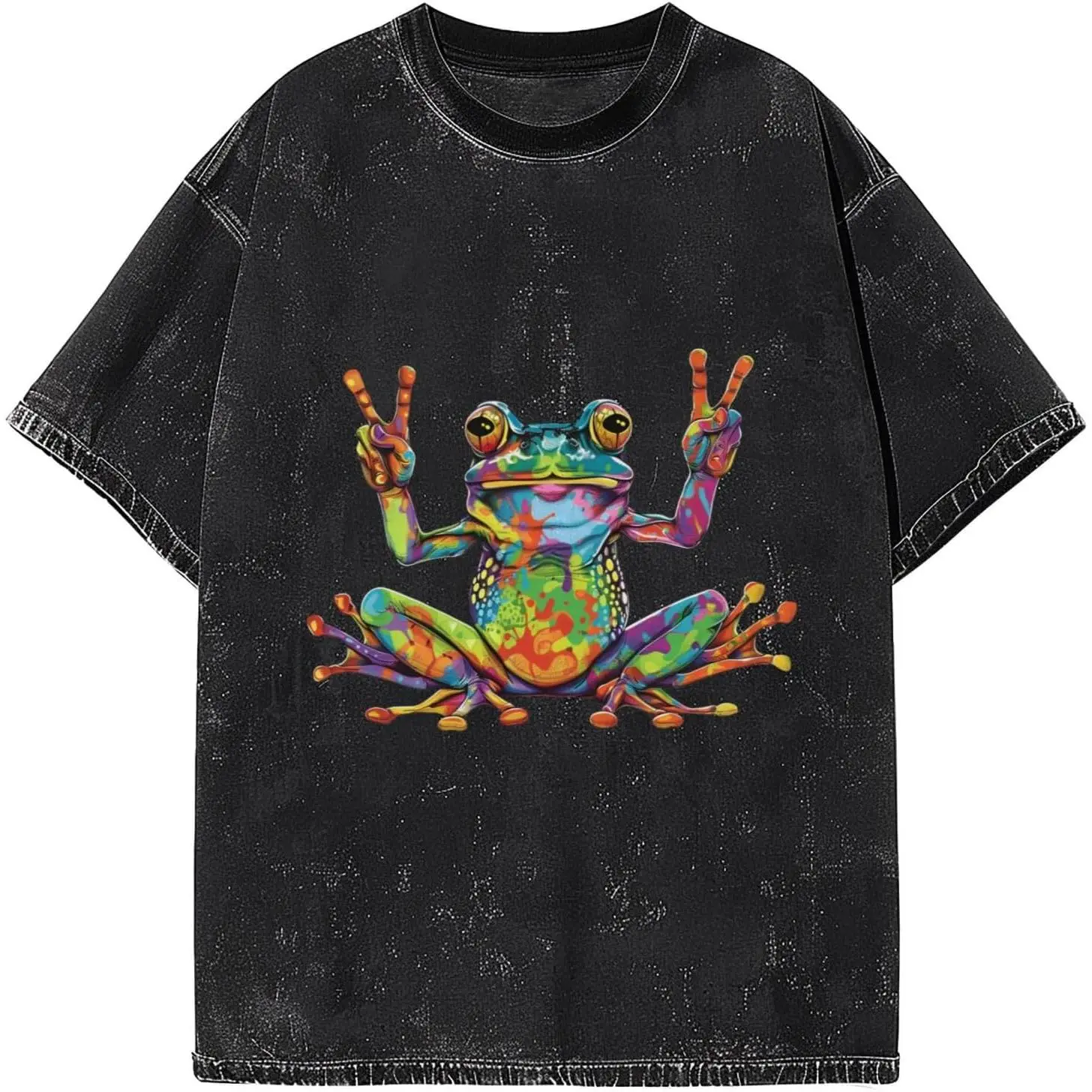 Women's Vintage Washed Cotton Short-Sleeve Crewneck Oversized T-Shirt - Colorful Frog Graphic, Peace Sign Psychedelic Cottagecore Animal Art, Classic Loose Casual Streetwear, Birthday Gift (Denim Accents, Cargo-Inspired Details)