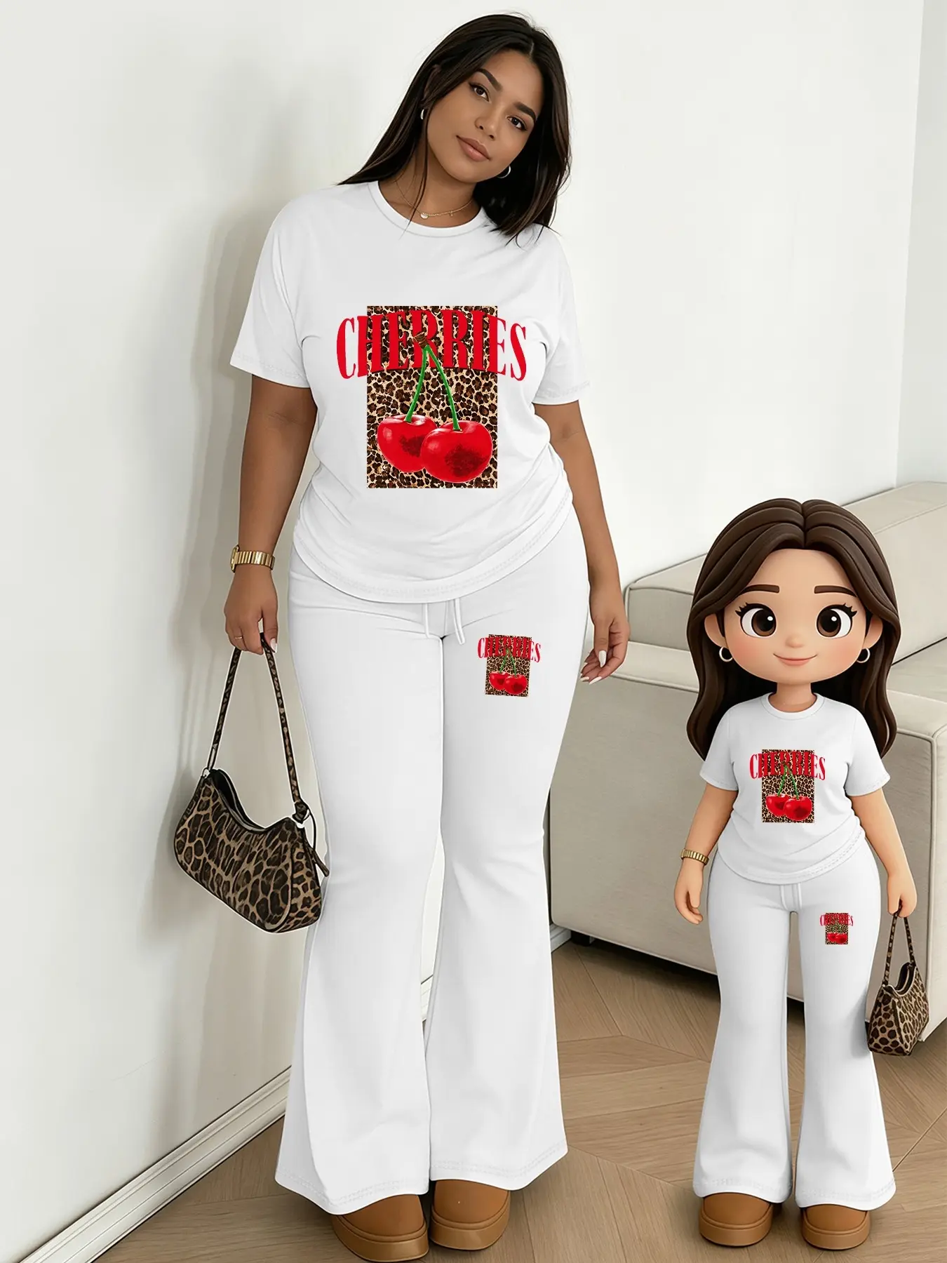2-Piece Set Leopard Print Cherry American Vintage Cherry Print American Campus Youthful Fashion Plus Size Women's 2-Piece Casual Short Sleeve Set Short Sleeve  ared Pants Plus Size Slimming Outfit