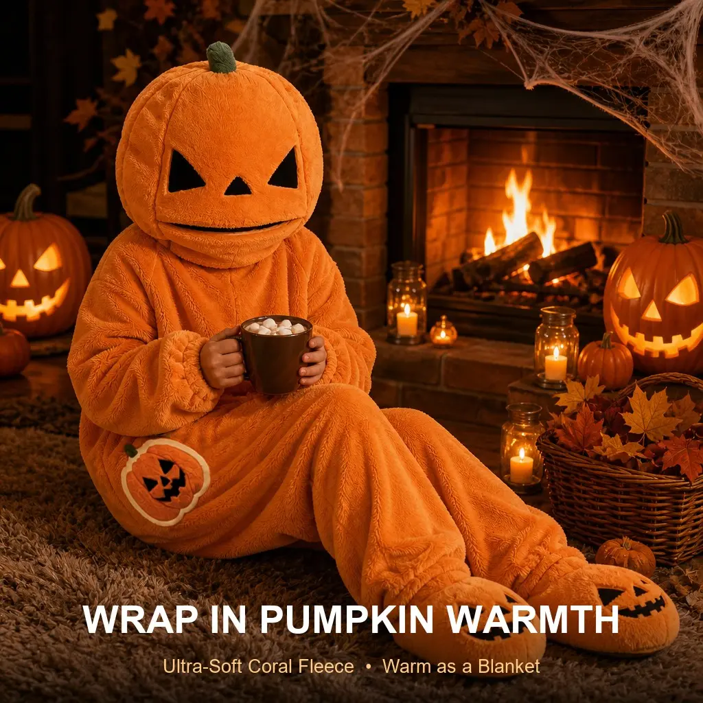 Halloween Pumpkin Onesie for Adults, Oversized Plush Coral Fleece Pajama Wearable Blanket with and Shoes, Warm One Piece Loungewear for Women Men