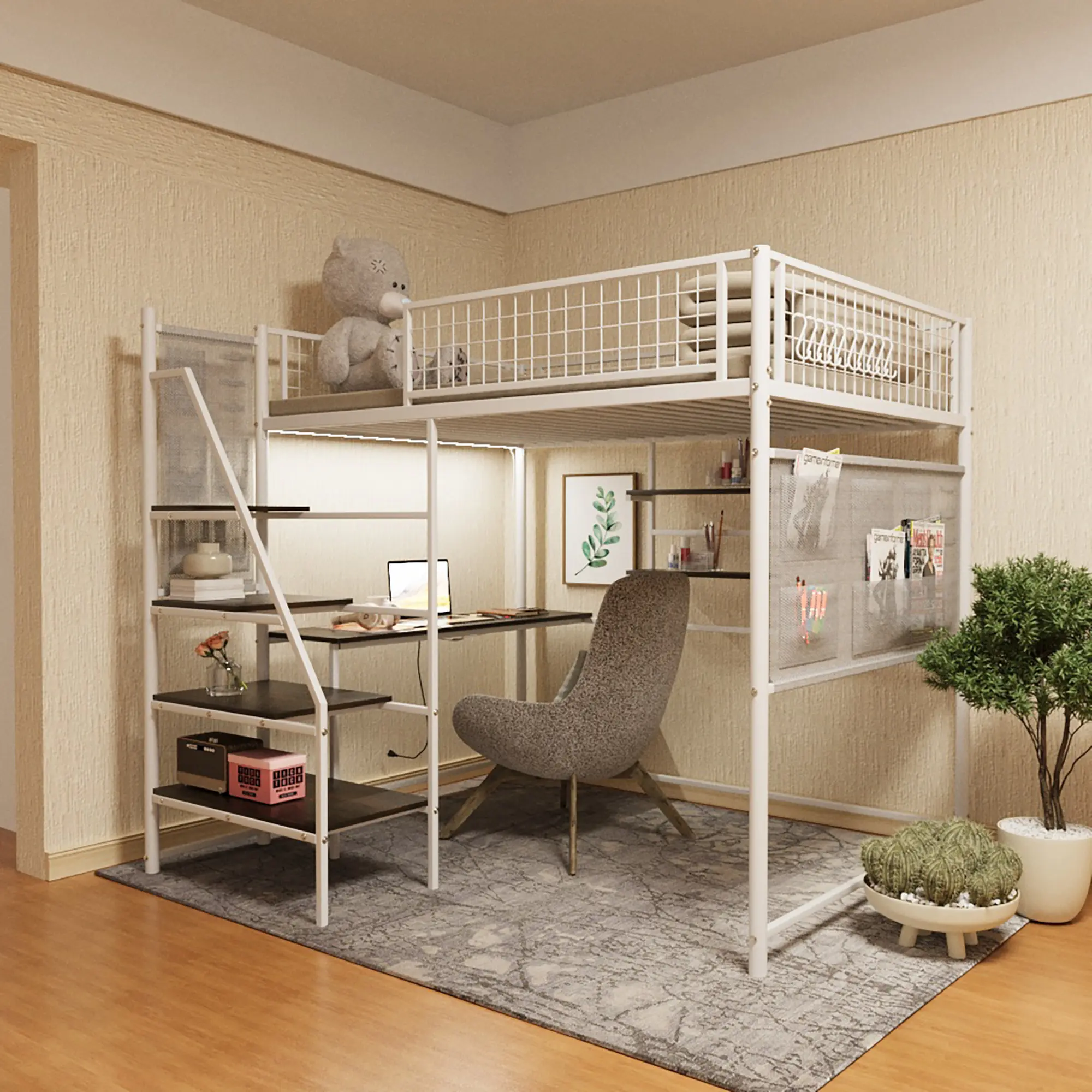 Modern Full Size ARCH Loft Bed Frame - Heavy Duty Durable Steel Structure, Built-in USB Port Charging Station & LED Lighting, White Finish, Space Saving, No Box Spring Needed, Easy Assembly Required, Indoor Bedroom Furniture