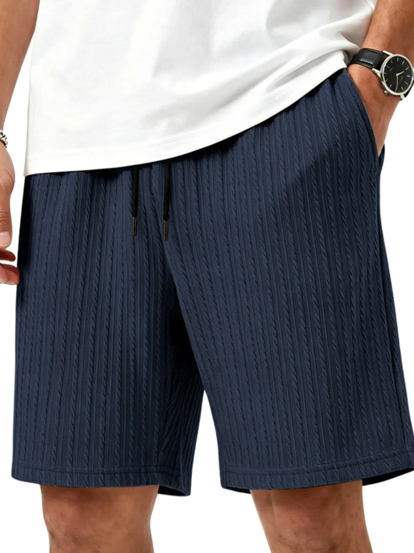 Summer Beach Men's Casual Elastic Loose-Fit Breathable Jacquard Heavyweight Gym Shorts, Minimalist Plain Style, Lightweight & Comfortable