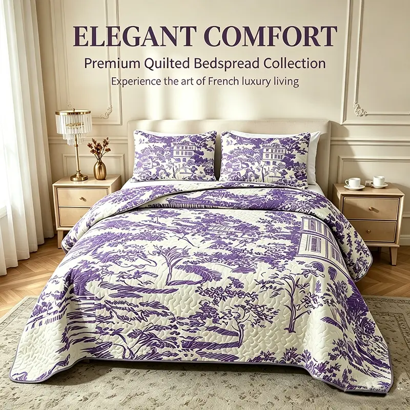 Vintage French Toile Quilted Bedspread, Lightweight All Season Reversible Coverlet, Bedspreads Coverlets, Country Landscape Sketch Print Soft Breathable Microfiber Single Bed Cover, Decor Bedspread for Full Queen King Bedroom