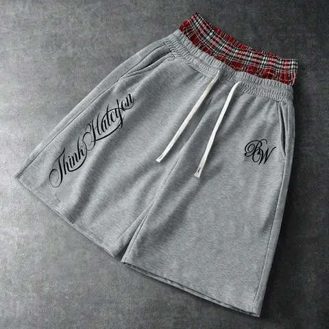 Men's Faux Two-Piece Plaid Waistband Script Letter Print Shorts, Trendy Shorts, Loose Fit Street Style, All Seasons Unlined