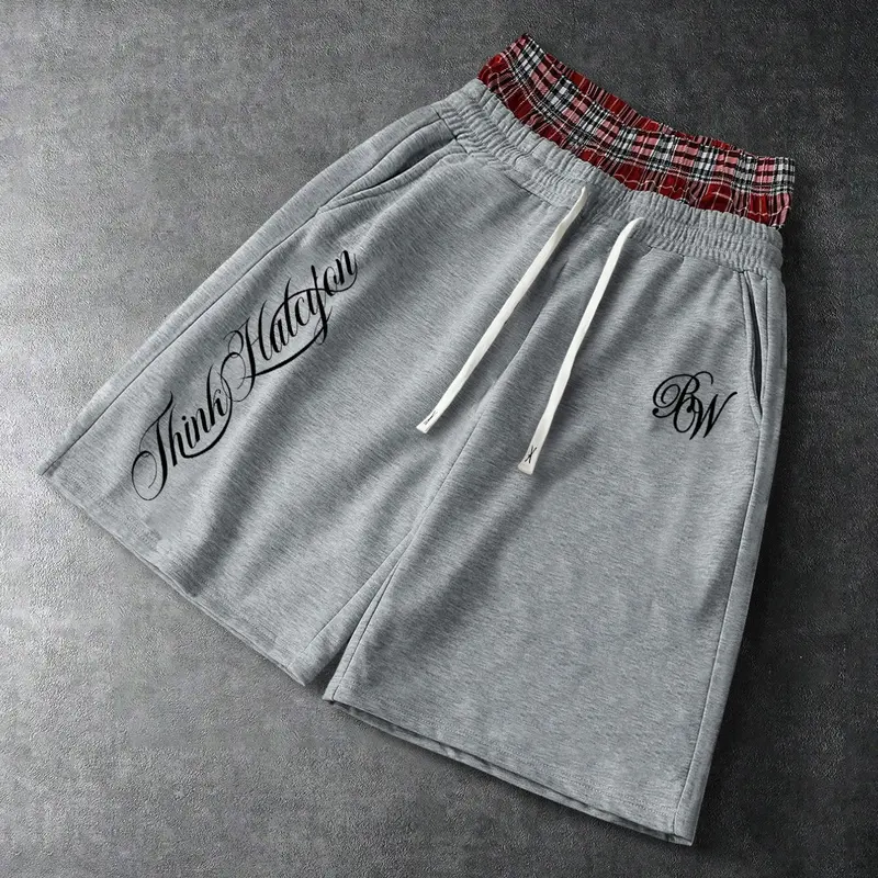 Men's Faux Two-Piece Plaid Waistband Script Letter Print Shorts, Trendy Shorts, Loose Fit Street Style, All Seasons Unlined