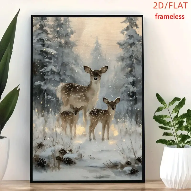 frameless Snowy Forest Deer Family Winter Art Art Decor Print Poster, Wall Art for Living Room, Bedroom, Office, Dining Room & Bar, Perfect Gift & Home Decor, 12in x 16in