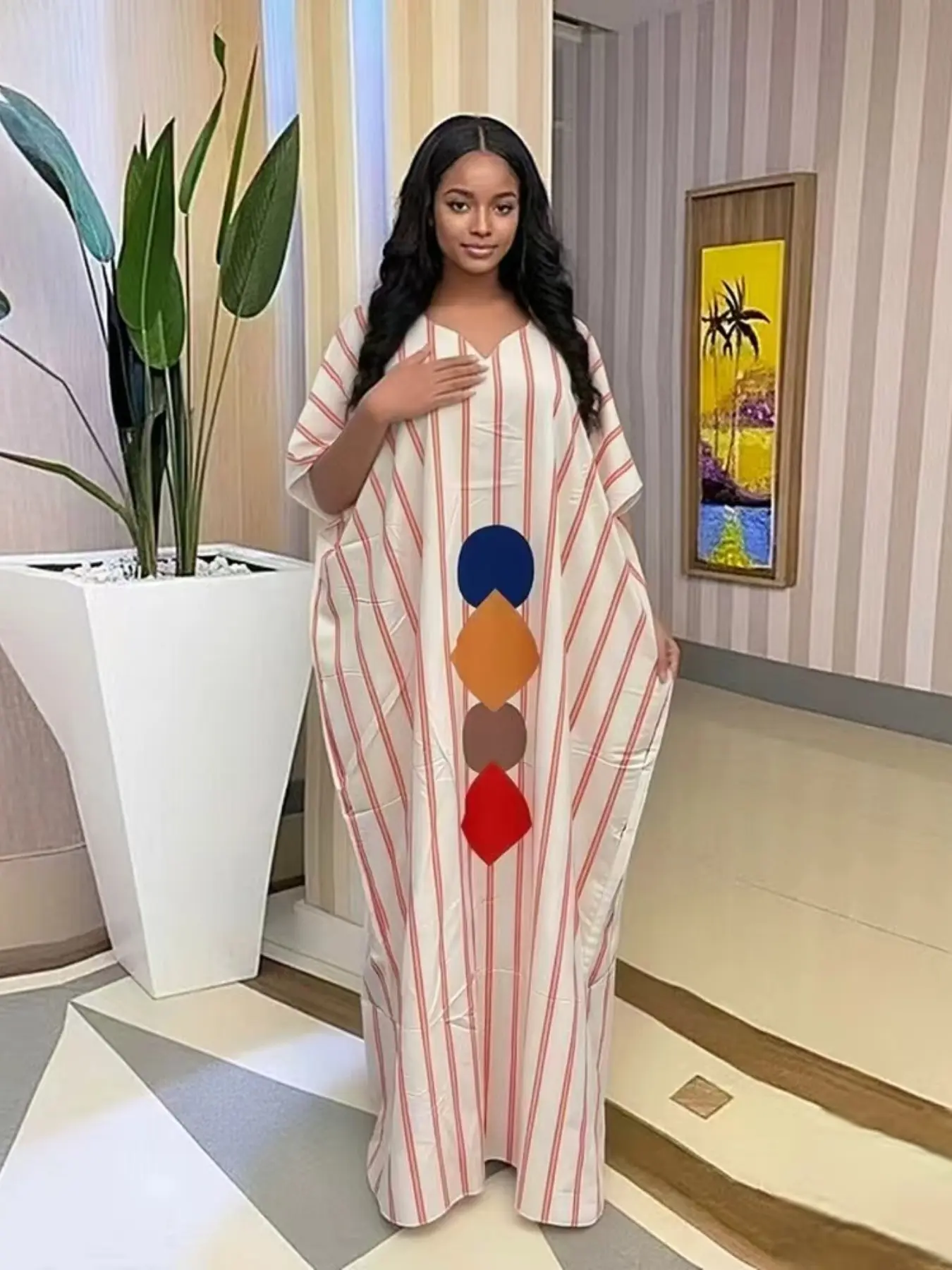 African style green and white striped loose long robe dress with geometric printed bat sleeves in large size, breathable, comfortable, Lightweight, suitable for daily leisure, home travel, casual wear, versatile and durable