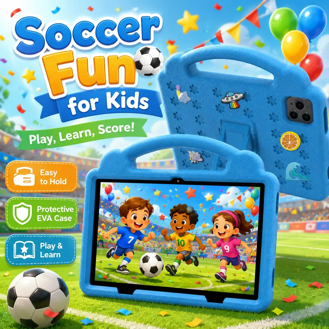 10.1 Inch Kids Tablet, 4GB RAM 64GB ROM, Android 12, Dual Camera, Kid-Proof Case with Handle, WiFi Learning Tablet for Toddlers