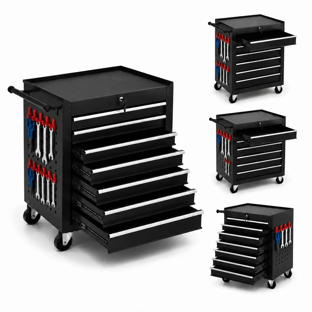 Heavy Duty Rolling Steel Tool Chest - Mobile Cart with Lockable Drawers for Storage, Ball-Bearing Slides, Workbench Top, Anti-Slip Liners, Garage Workshop Organizer for Mechanics, Black