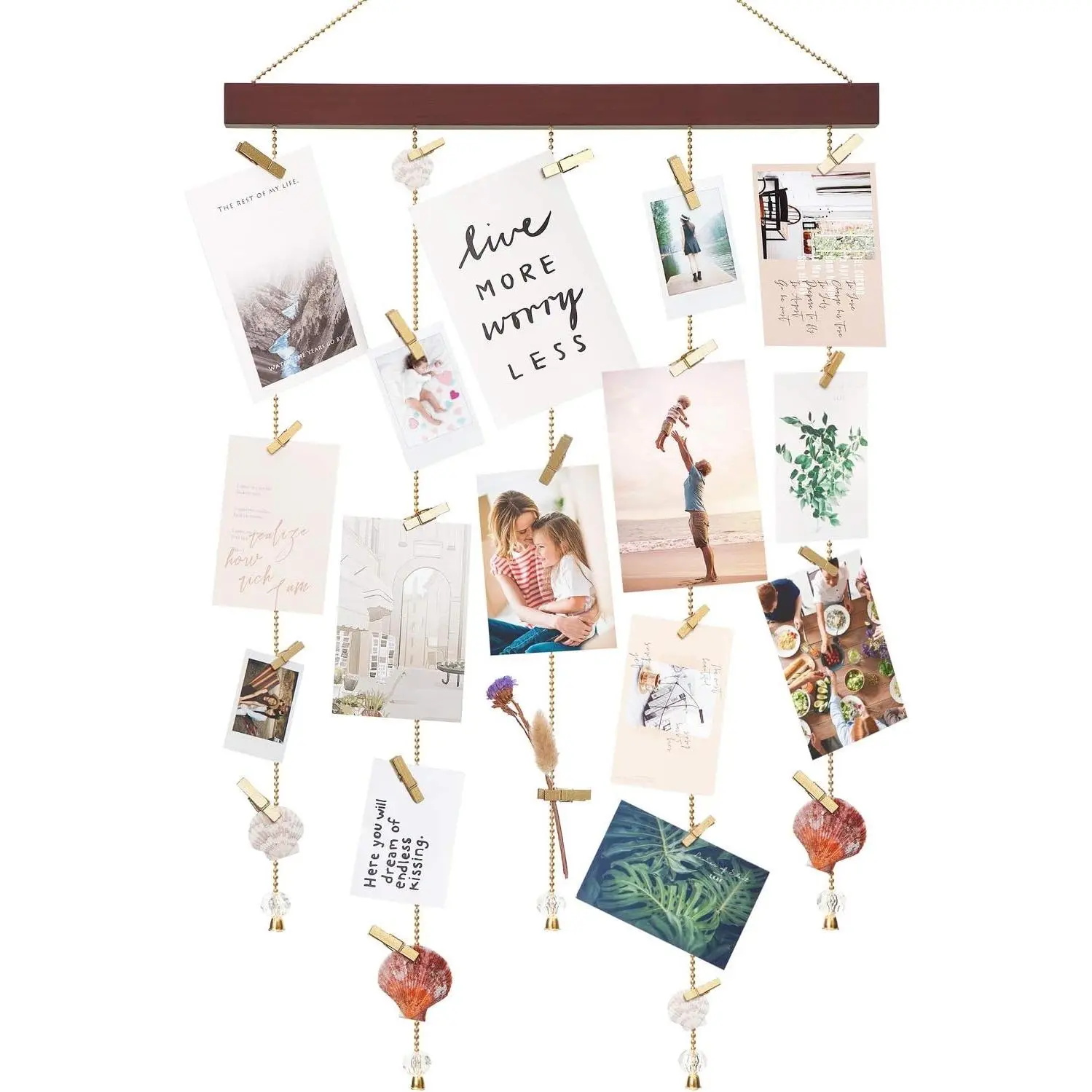 Hanging Photo Display with 25 Wood Clips Greeting Card Holder 33"x16.5" Picture Collage Hanger Boho Rustic Wall Art, Christmas Holiday Gift for Teen Room Bedroom Dorm Office Nursery Decor