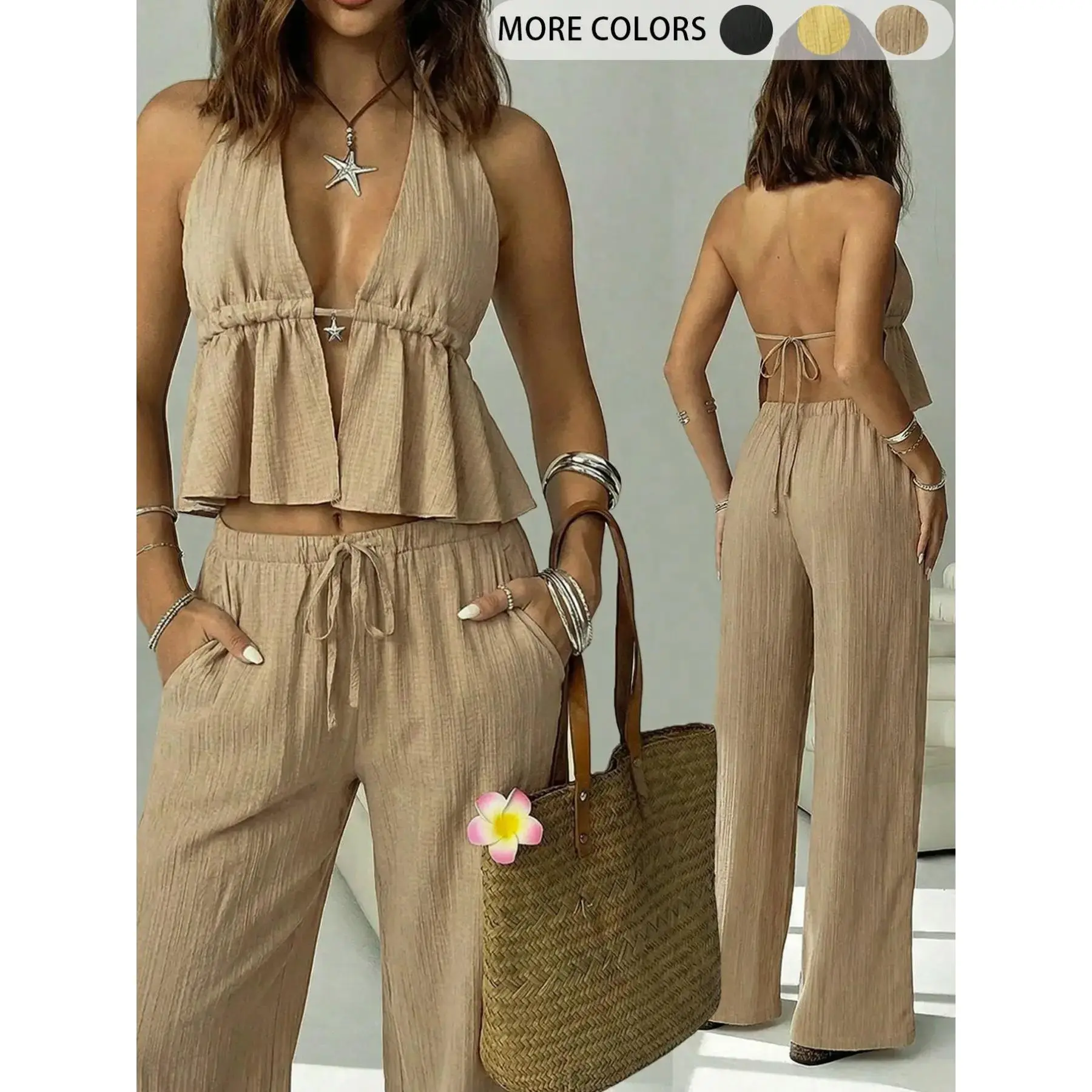 Women's 2-Piece Beach Vacation Set Outfit, Deep V-Neck Strappy Top, Backless Babydoll Shirt, Loose Wide-Leg Pants, Elegant Slim Fit, Casual Clothes