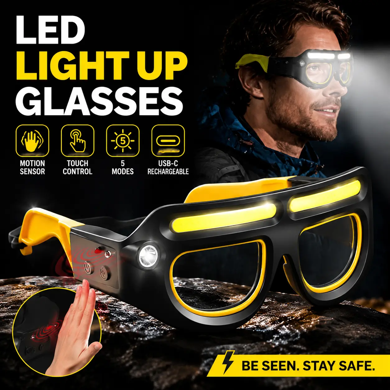 LED Rechargeable Headlight Glasses with Motion Sensor & Touch Control, Safety Glasses with Lights 5 Modes USB C Light Up Glasses for Outdoor Running Camping Hiking Workx