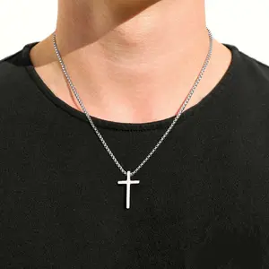 Cross Necklace for Men WomenTeen Boys, Silver Black Gold Stainless Steel Plain Cross Pendant Necklace Box Chain 17.7 Inch