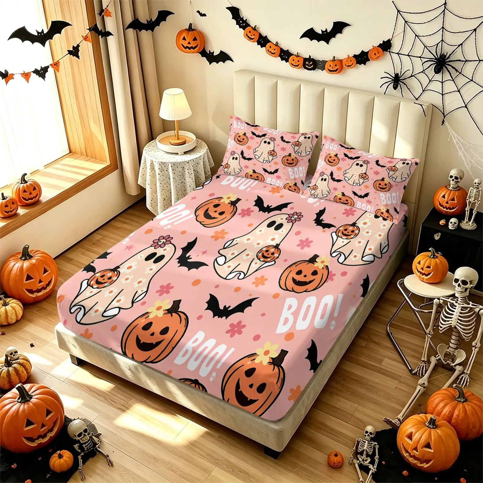 Cute Pink Halloween Ghost Pumpkin Fitted Sheet Set, Boo Bat Print Bed Sheets Set, 1 Fitted Sheet & 2 Pillowcase No Filling, Soft Deep Pocket, Gift for Teens Girls Women Bedroom Dorm Decor