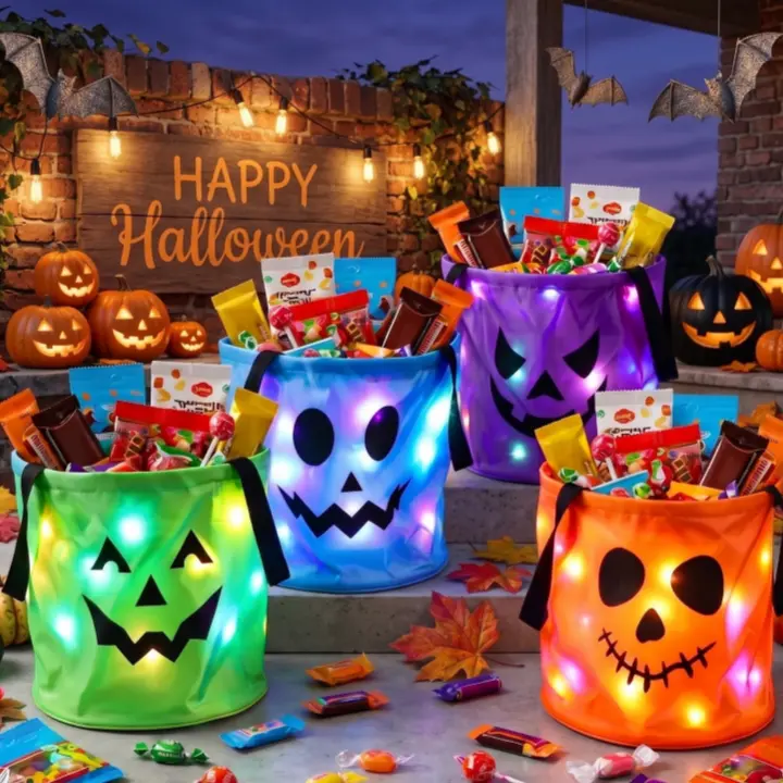 Glow Pumpkin Candy Bucket, LED Halloween Light Up Container for Kids, Cute Candy Holder with Handle, Party Decoration Accessory